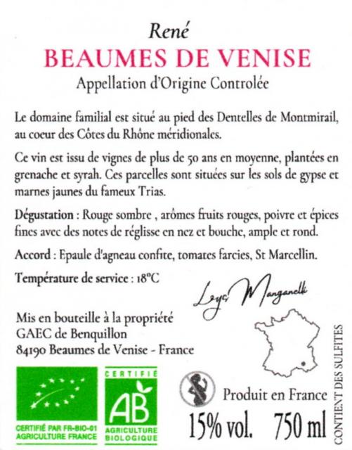 Contre étiquette Beaumes de Venise René