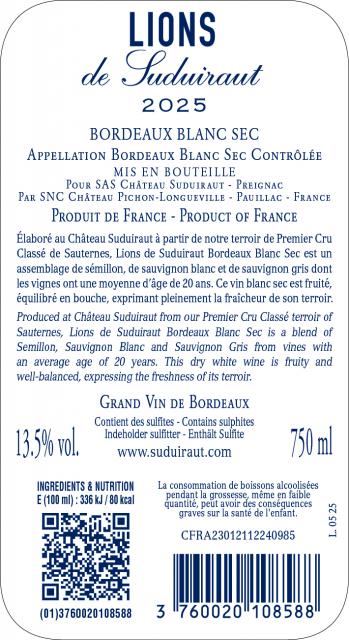 CE Lions de Suduiraut Blanc Sec 2025 75cl FE Qr code+GS1