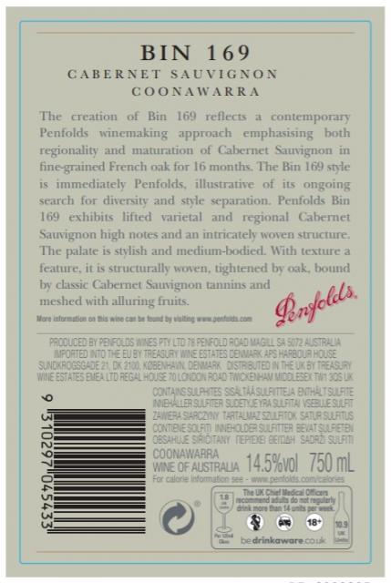Penfolds Bin 169 Label Back