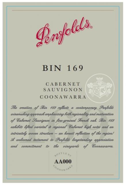 Penfolds Bin 169 Label Front