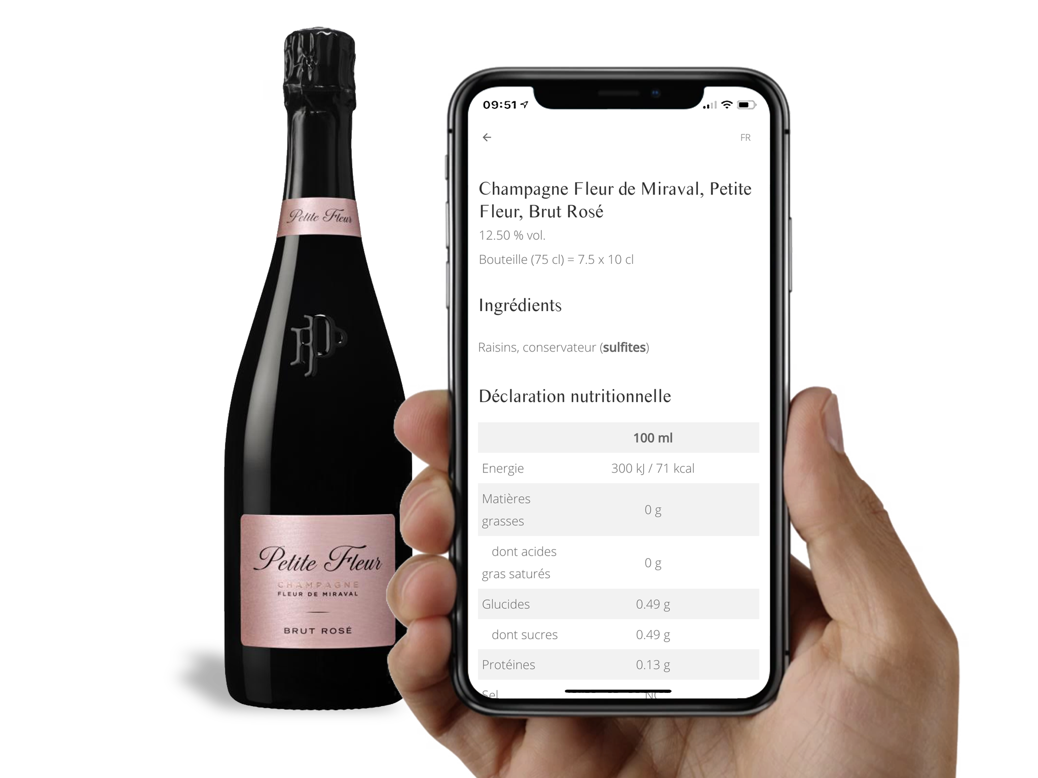 Champagne Fleur de Miraval - Petite Fleur - Exemple d'affichage des informations nutritionnelles et ingrédients vin.co