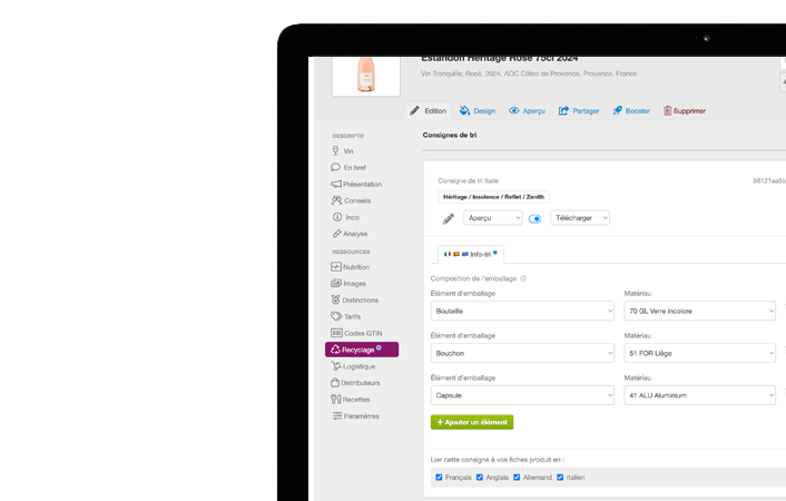 Interface administrateur de l'app vin.co TRI pour la composition des emballages