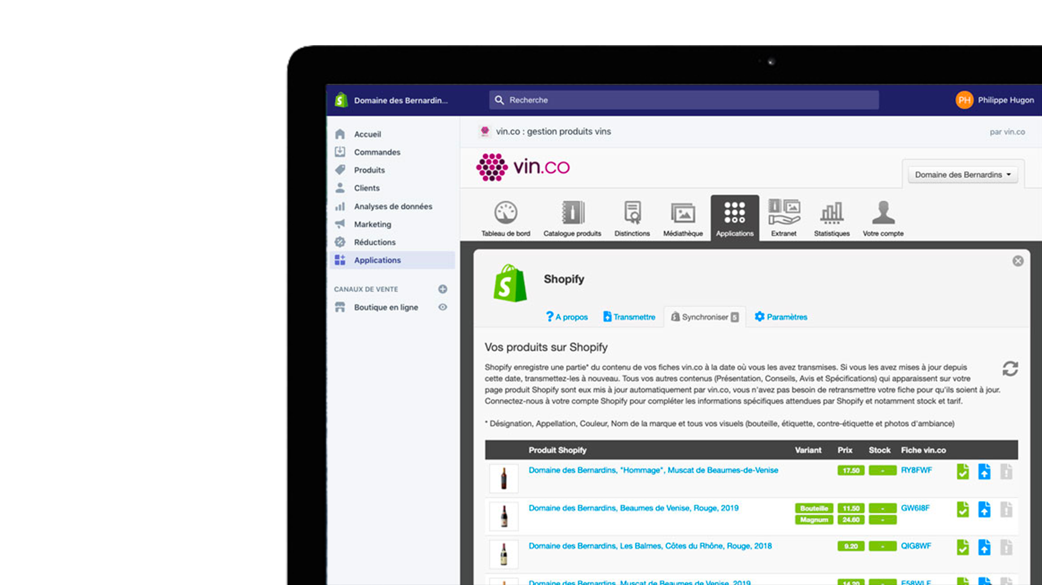Interface du connecteur vin.co PIM pour Shopify