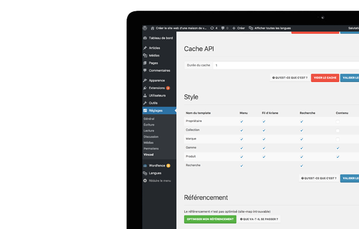 Interface d'administration du plugin WordPress vin.co